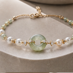 Jade Donut and Pearl Beaded Bracelet in Gold Tone - 图片 6