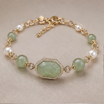 Faceted Jade Hexagon and Pearl Bracelet