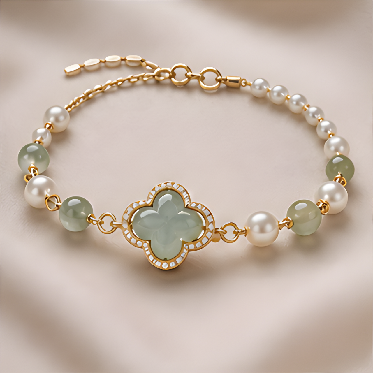 1786611737_6eac7861-5 Jade Clover and Pearl Station Bracelet - 图片 1