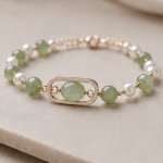Oval Jade Cabochon and Pearl Bracelet with Pave Frame