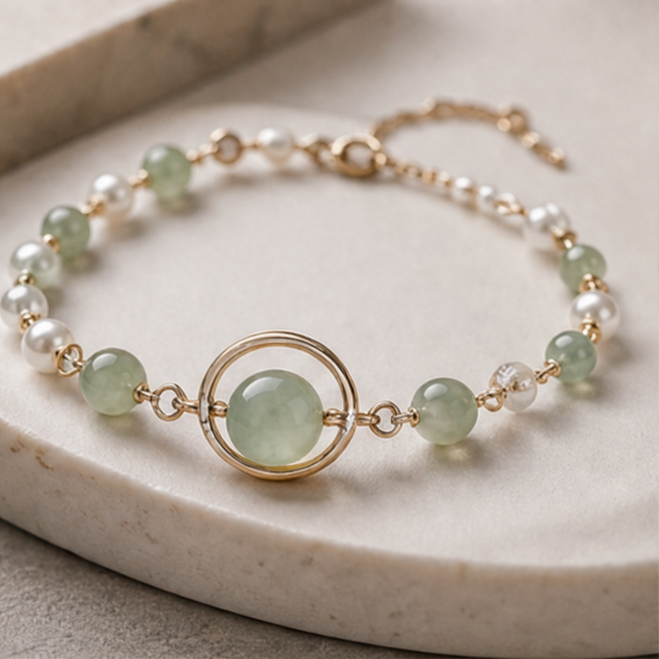 1786611887_405f7594-1 Floating Jade Bead Circle Bracelet with Pearls - 图片 1