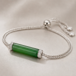 Green Jade Bar Bolo Bracelet in Silver Tone