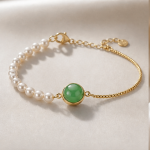 Round Jade Cabochon and Pearl Half-Chain Bracelet