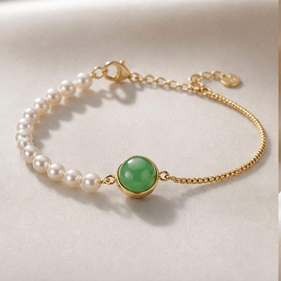1786612118_fd26663d-1 Round Jade Cabochon and Pearl Half-Chain Bracelet - 图片 1