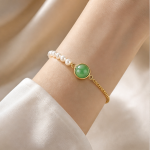 Round Jade Cabochon and Pearl Half-Chain Bracelet - 图片 5