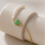 Round Jade Cabochon and Pearl Half-Chain Bracelet - 图片 4