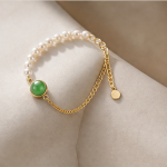 Round Jade Cabochon and Pearl Half-Chain Bracelet - 图片 3