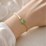 Round Jade Cabochon and Pearl Half-Chain Bracelet - 图片 2