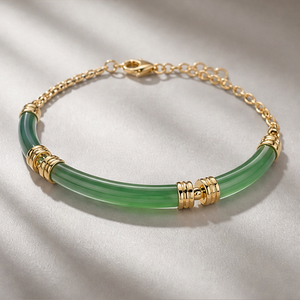 1786612127_40043786-6 Curved Jade Bar Bracelet with Ribbed Gold Collars - 图片 1