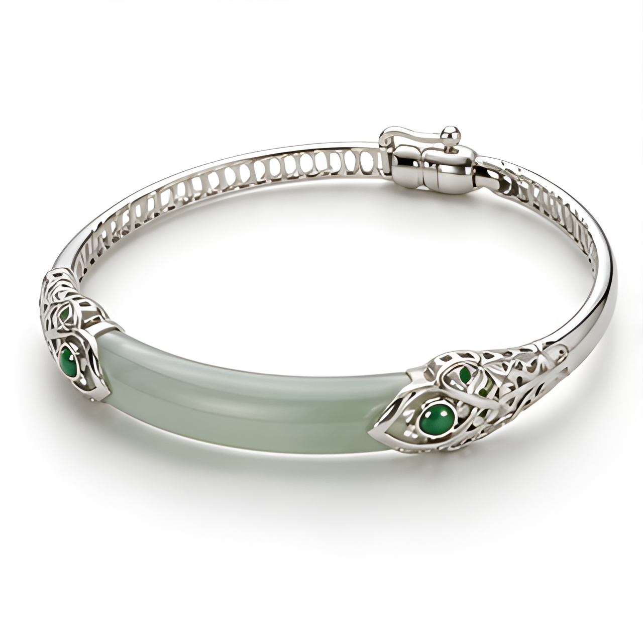 1786613111_0b3934a3-7 Jade Bangle with Silver Serpent Head Fittings - 图片 1
