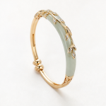 Jade Bangle with Gold Vine and Leaf Overlay - 图片 4