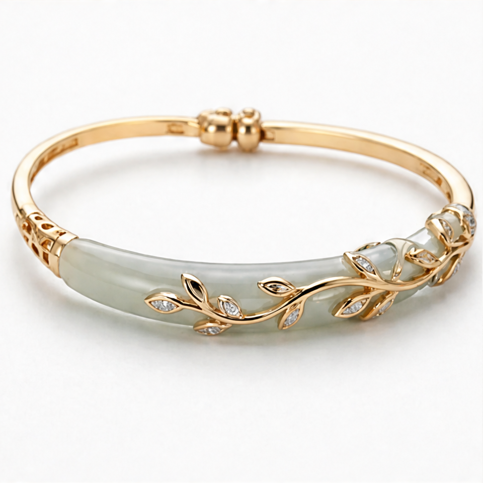1786613116_fc6b638c-5 Jade Bangle with Gold Vine and Leaf Overlay - 图片 1