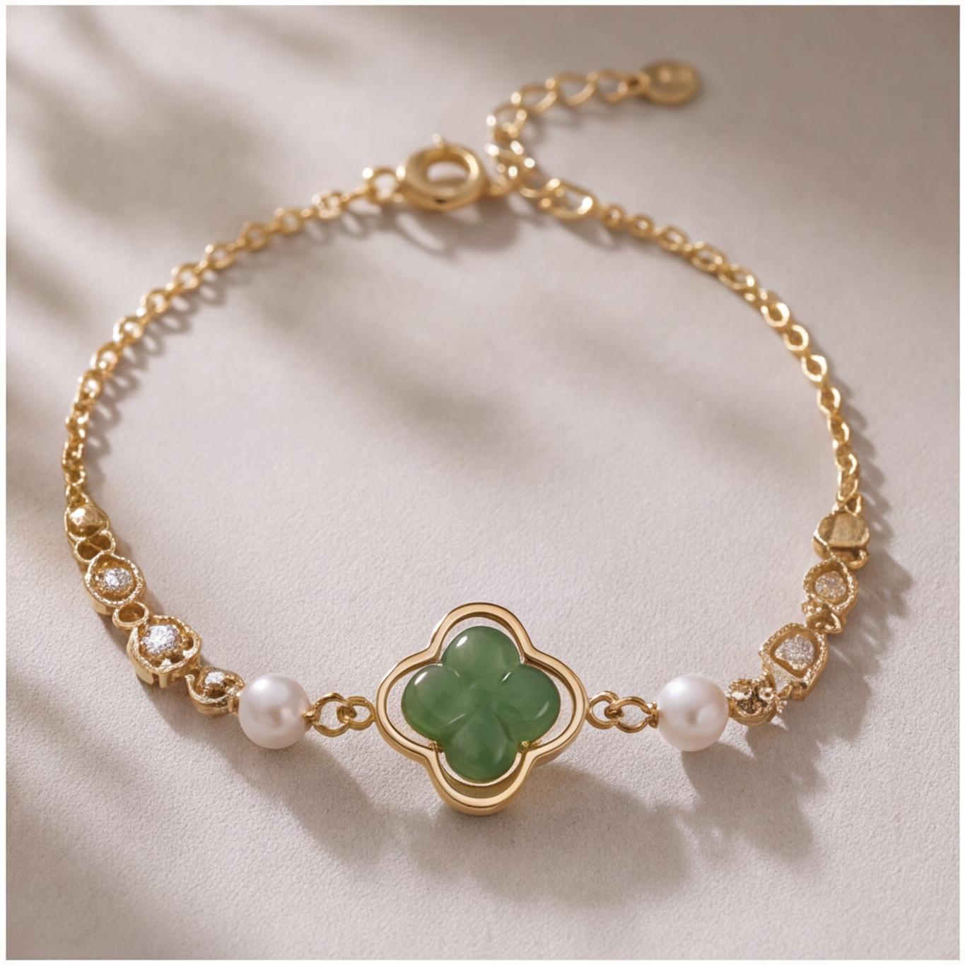 1786613486_de84a9d3-5 Jade Clover Bracelet with Pearl and Brilliant Stations - 图片 1