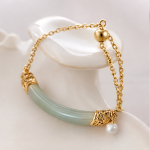 Curved Jade Bar Bracelet with Pearl Drop - 图片 4