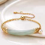 Curved Jade Bar Bracelet with Pearl Drop - 图片 3