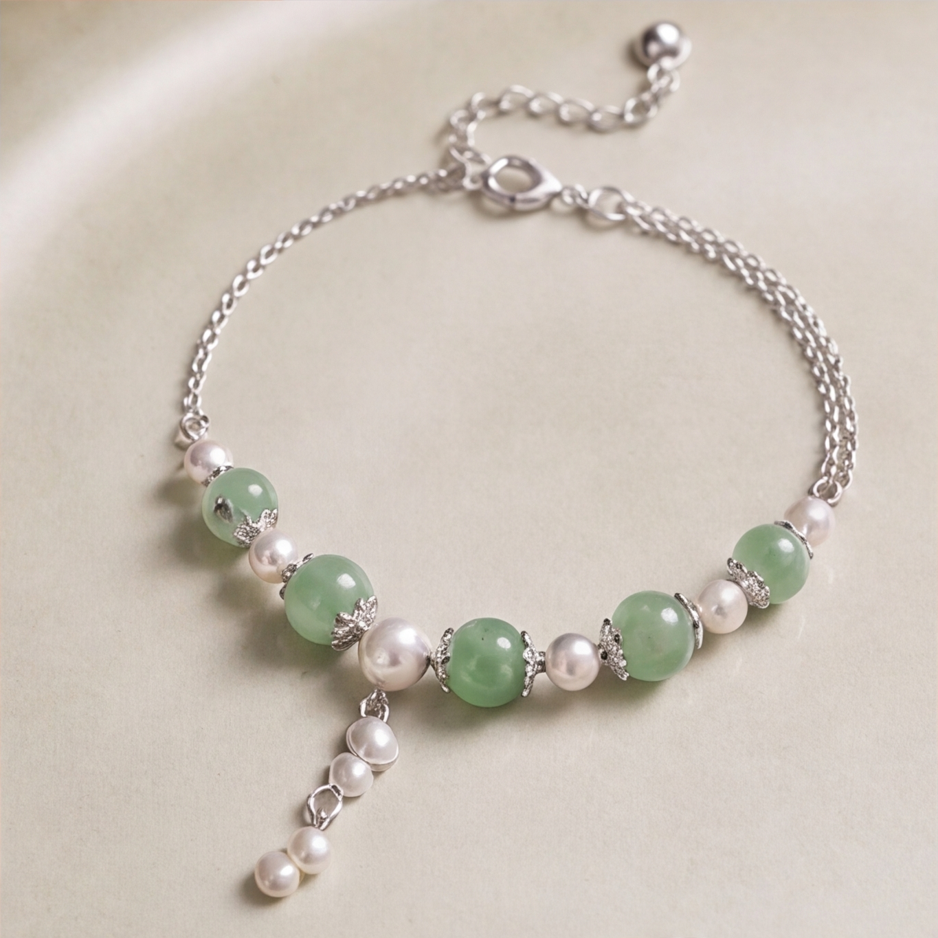 1786613669_94712743-5 Green Aventurine and Pearl Bracelet with Pearl Tassel - 图片 1