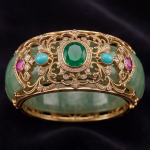 Wide Jade Cuff Bangle with Gem-Set Gold Filigree