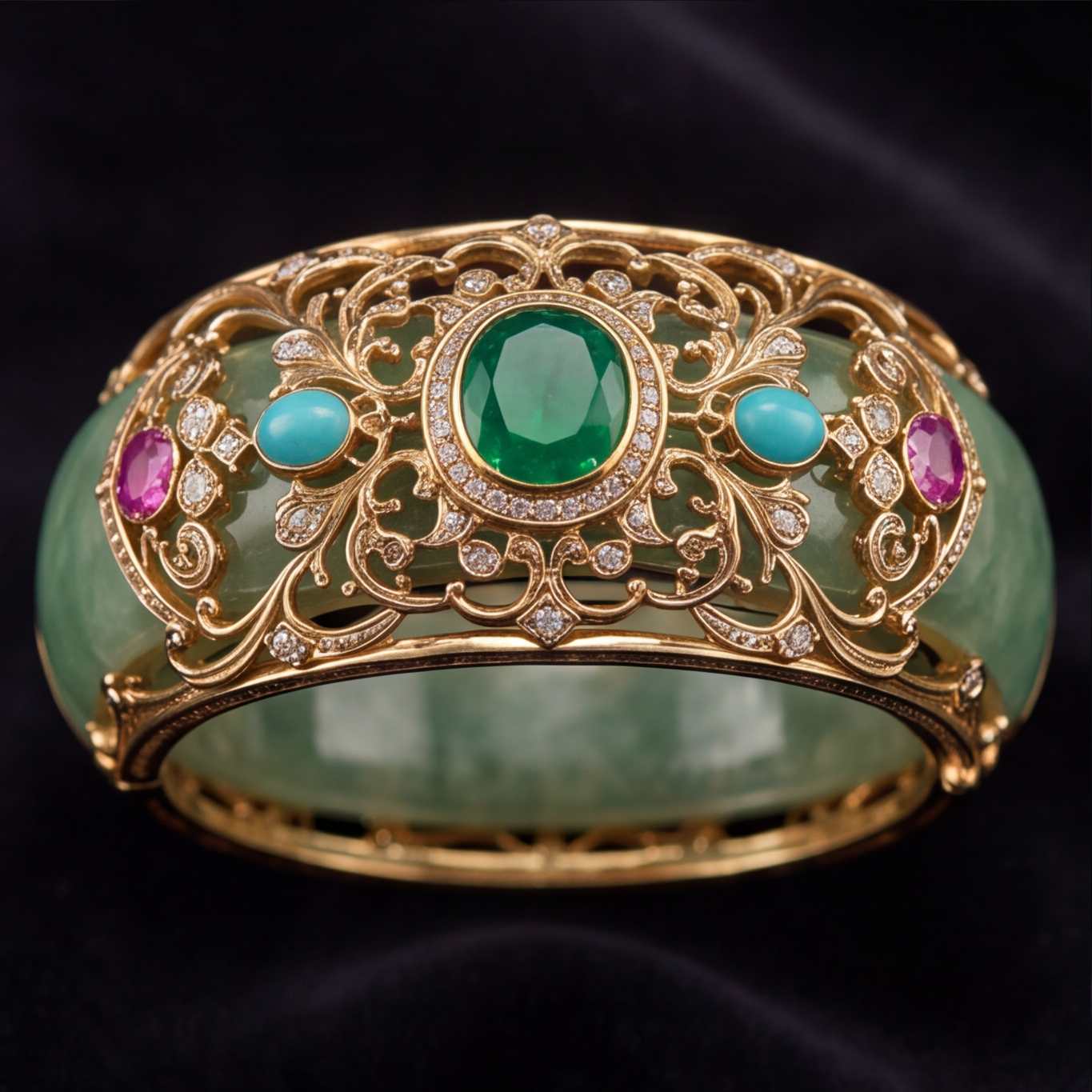 1786614895_308493fc-7 Wide Jade Cuff Bangle with Gem-Set Gold Filigree - 图片 1