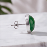 Round Green Agate Cabochon Stud Earrings in Sterling Silver - 图片 5