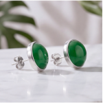 Round Green Agate Cabochon Stud Earrings in Sterling Silver