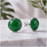 Round Green Agate Cabochon Stud Earrings in Sterling Silver - 图片 6