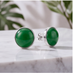 Round Green Agate Cabochon Stud Earrings in Sterling Silver - 图片 2