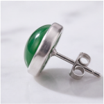 Round Green Agate Cabochon Stud Earrings in Sterling Silver - 图片 3