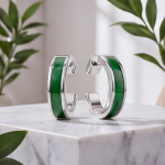 Green Jade Inlay Huggie Hoop Earrings in Sterling Silver - 图片 3