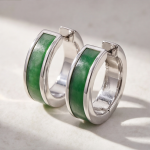 Green Jade Inlay Huggie Hoop Earrings in Sterling Silver - 图片 5