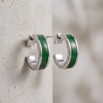 Green Jade Inlay Huggie Hoop Earrings in Sterling Silver
