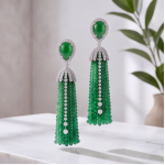 Green Chalcedony Bead Tassel Drop Earrings in White Gold-Tone - 图片 5