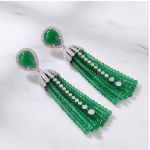 Green Chalcedony Bead Tassel Drop Earrings in White Gold-Tone
