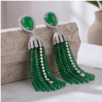 Green Chalcedony Bead Tassel Drop Earrings in White Gold-Tone - 图片 2