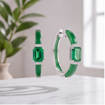 Green Jade Inlay Hoop Earrings with Emerald-Cut Accent in Sterling Silver