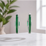 Green Jade Inlay Hoop Earrings with Emerald-Cut Accent in Sterling Silver - Image 6