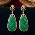 Carved Green Jade Scrollwork Earring and Pendant Set in Gold-Tone - Image 3