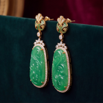 Carved Green Jade Scrollwork Earring and Pendant Set in Gold-Tone - Image 4