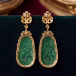 Carved Green Jade Scrollwork Earring and Pendant Set in Gold-Tone - Image 5
