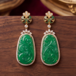 Carved Green Jade Scrollwork Earring and Pendant Set in Gold-Tone