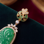 Carved Green Jade Scrollwork Earring and Pendant Set in Gold-Tone - Image 6