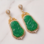 Carved Jade Dragon Earring and Pendant Set in Gold-Tone