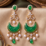 Carved Jade Crescent Chandelier Earrings with Pearls in Gold-Tone