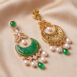 Carved Jade Crescent Chandelier Earrings with Pearls in Gold-Tone - 图片 2