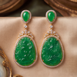 Carved Green Jade Teardrop Earring and Pendant Set in Gold-Tone - Image 4