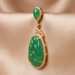 Carved Green Jade Teardrop Earring and Pendant Set in Gold-Tone - Image 2