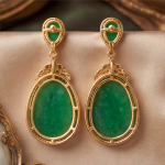 Carved Green Jade Teardrop Earring and Pendant Set in Gold-Tone - Image 3