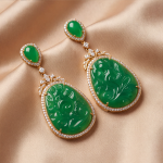 Carved Green Jade Teardrop Earring and Pendant Set in Gold-Tone