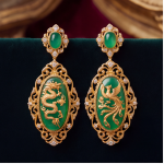 Ornate Carved Jade Dragon and Phoenix Filigree Jewelry Set in Gold-Tone