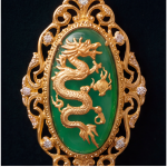Ornate Carved Jade Dragon and Phoenix Filigree Jewelry Set in Gold-Tone - Image 5