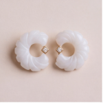 Carved White Agate Swirl Hoop Earrings with Cubic Zirconia in Gold-Tone